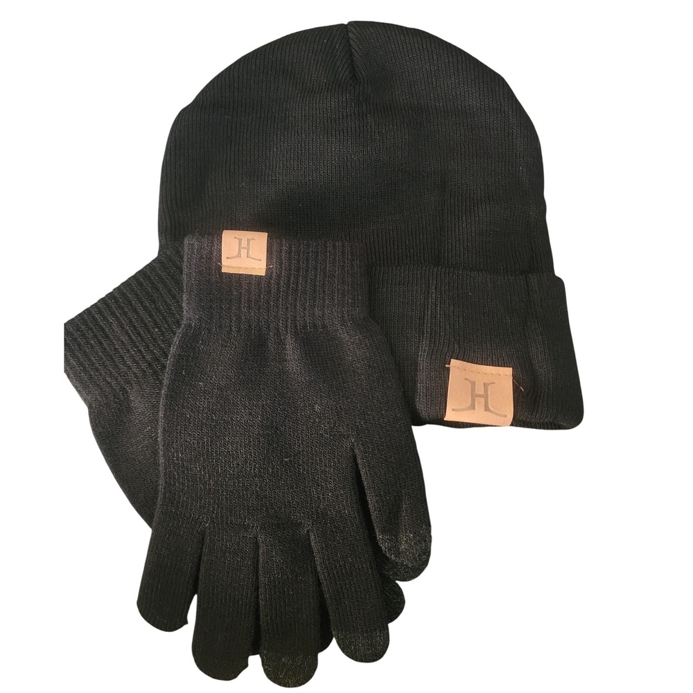 Mens Black Knit Beanie and Glove Set with Faux Leather Logo Patch Winter Gear